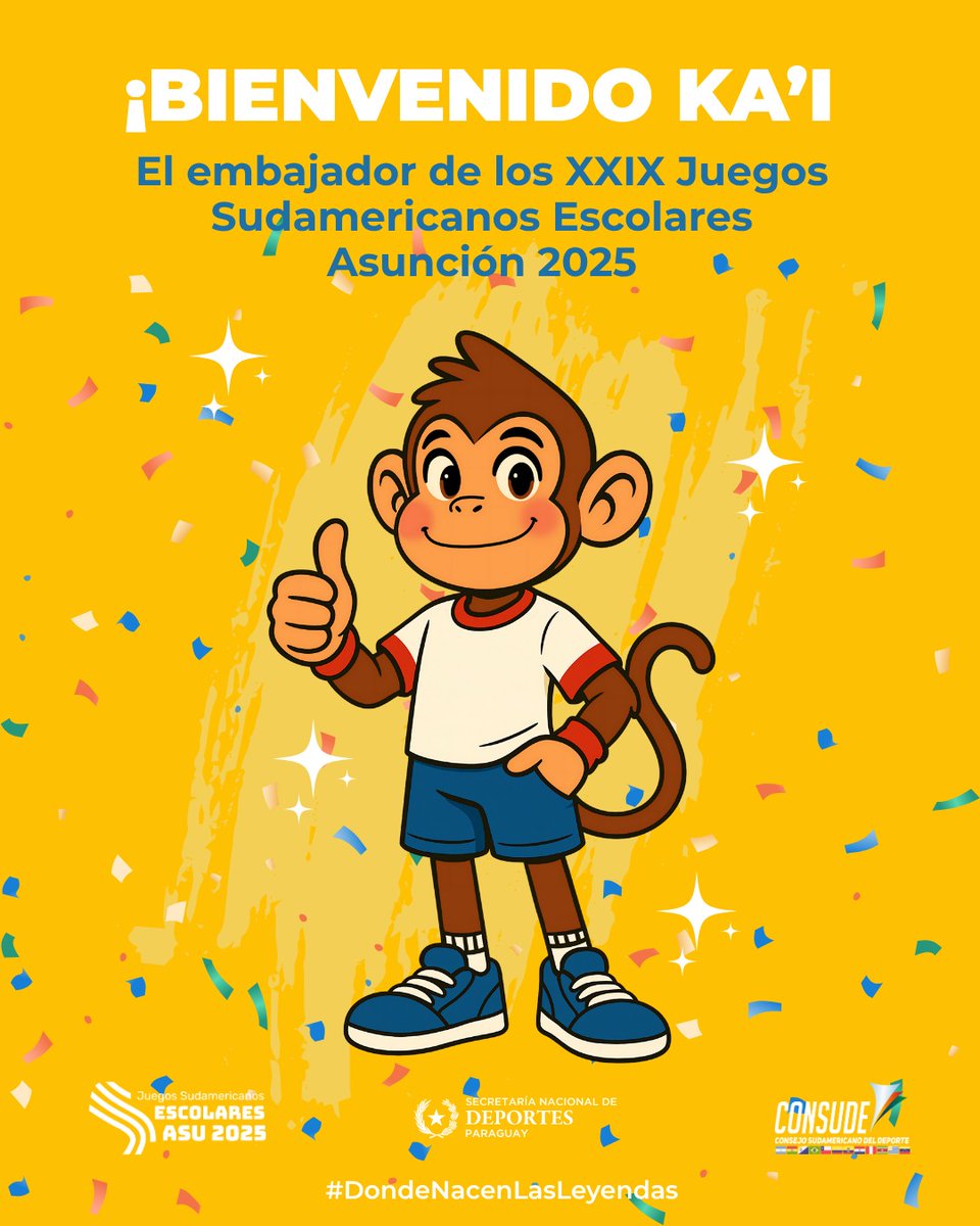 ¡Les presentamos a Ka’i!🐒 

El embajador de los XXIX Juegos Sudamericanos Escolares Asunción 2025🎉

Representa energía, alegría y trabajo en equipo🫱🏻‍🫲🏼🙌🏼💪🏼✨

Bienvenido Ka'i🫶🏼

#DondeNacenLasLeyendas