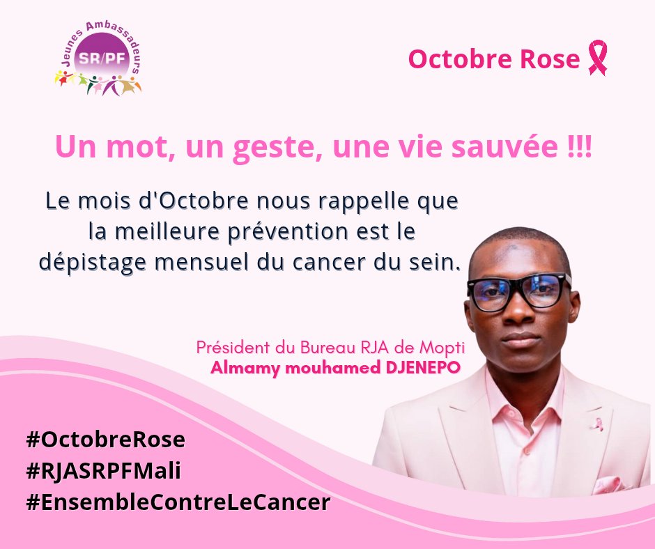 CAMPAGNE DE SENSIBILISATION "OCTOBRE ROSE" 

Un mot, un geste, une vie sauvée.  

Le mois d'Octobre nous rappelle que la meilleure prévention est le dépistage quotidien (au moins chaque mois, palper ces seins). 

#OctobreRose
#RJASRPFMali 
#EnsembleContreLeCancer 
#followers