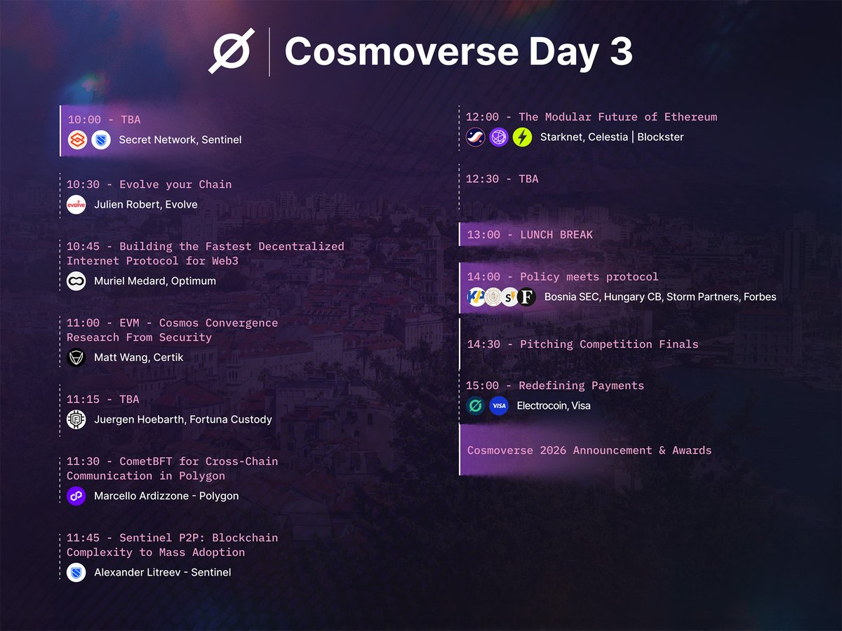 CosmoverseHQ's tweet image. Day 3 Agenda is here.
Privacy. Modularity. Policy. Payments.
#Cosmoverse25 closes with impact.