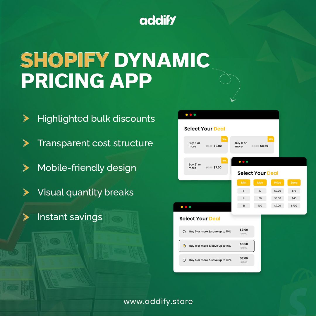 Addify2's tweet image. Take control of your store’s pricing with 𝗦𝗵𝗼𝗽𝗶𝗳𝘆 𝗗𝘆𝗻𝗮𝗺𝗶𝗰 𝗣𝗿𝗶𝗰𝗶𝗻𝗴💡 

✅ Personalize by customer or tags
✅ Set fixed or % discounts
✅ Manage via CSV or rules
✅ Add tiered bulk pricing
✅ Hide prices or Add to Cart by tag

Smarter pricing. Stronger sales.