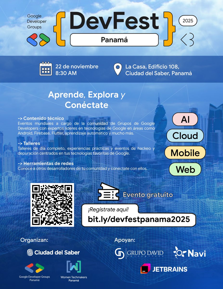 Gracias a <a href="/CiudaddelSaber/">Ciudad del Saber</a> <a href="/Google/">Google</a> Grupo David y muchos más! 

Detalles:
🗓️ Fecha: Sábado, 22 de nov.
🕣 Hora: Desde las 8:30 a.m.
📍 Lugar: Ciudad del Saber, Edif 108.

REGÍSTRATE AQUÍ AHORA 👇🏻
bit.ly/devfestpanama2…

#Google #GoogleforDev #CiudadelSaber #Tecnologia #Innovasion