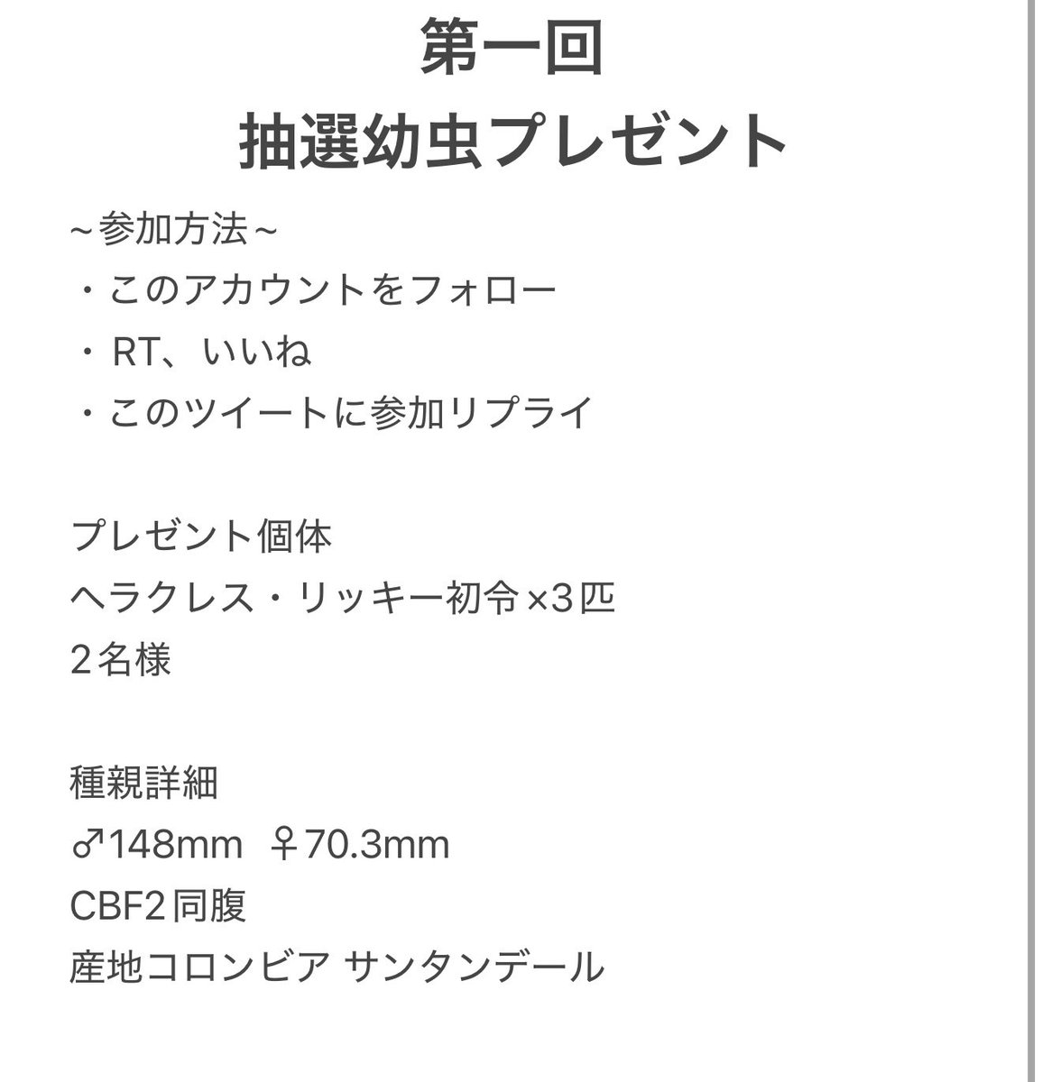 nekoneko1998419's tweet photo. フォロワーさん増えたんでやります
リッキーの初令幼虫3匹を2名様に
プレゼントします。
もし良かったら参加して下さい！
詳細は画像に書いてあります！

期間は本日10/25~11/8まで！

参加お待ちしてます https://t.co/sNGYPrezuS