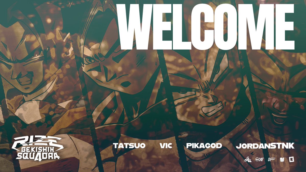 [#GekishinSquadra] We're delighted to introduce our first team for the game 💫

Comprising of 4x the Global Top20, please welcome:
Tatsuo • <a href="/PikaGod22/">PikaGod</a> • <a href="/V1ctorcap/">Vic</a> • <a href="/Jordan_STNK/">JordanSTNK</a> 

They'll be competing in tomorrow's <a href="/AizenDB/">AizenDB</a> tournament - follow <a href="/ShykoPlays/">RIZE | ShykoPlays</a> for more on DBGS!