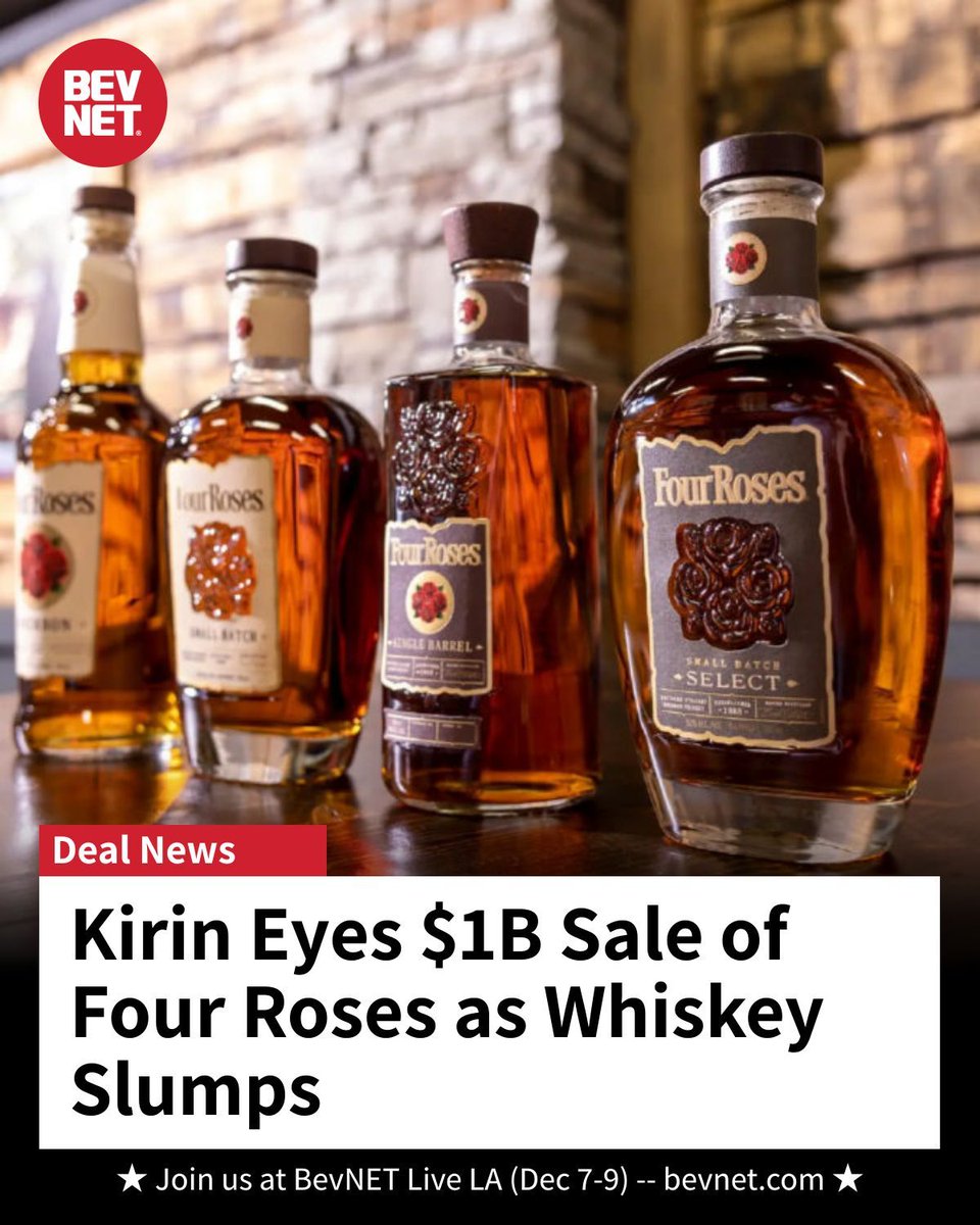 BevNET's tweet image. Kirin is marketing Four Roses bourbon for ~$1B as it pivots to healthcare, FT reports 🥃 Bids due next month amid weak whiskey demand; U.S. sales fell 1.8% in 2024, exports down 13%. bevnet.com/spirits/2025/k…