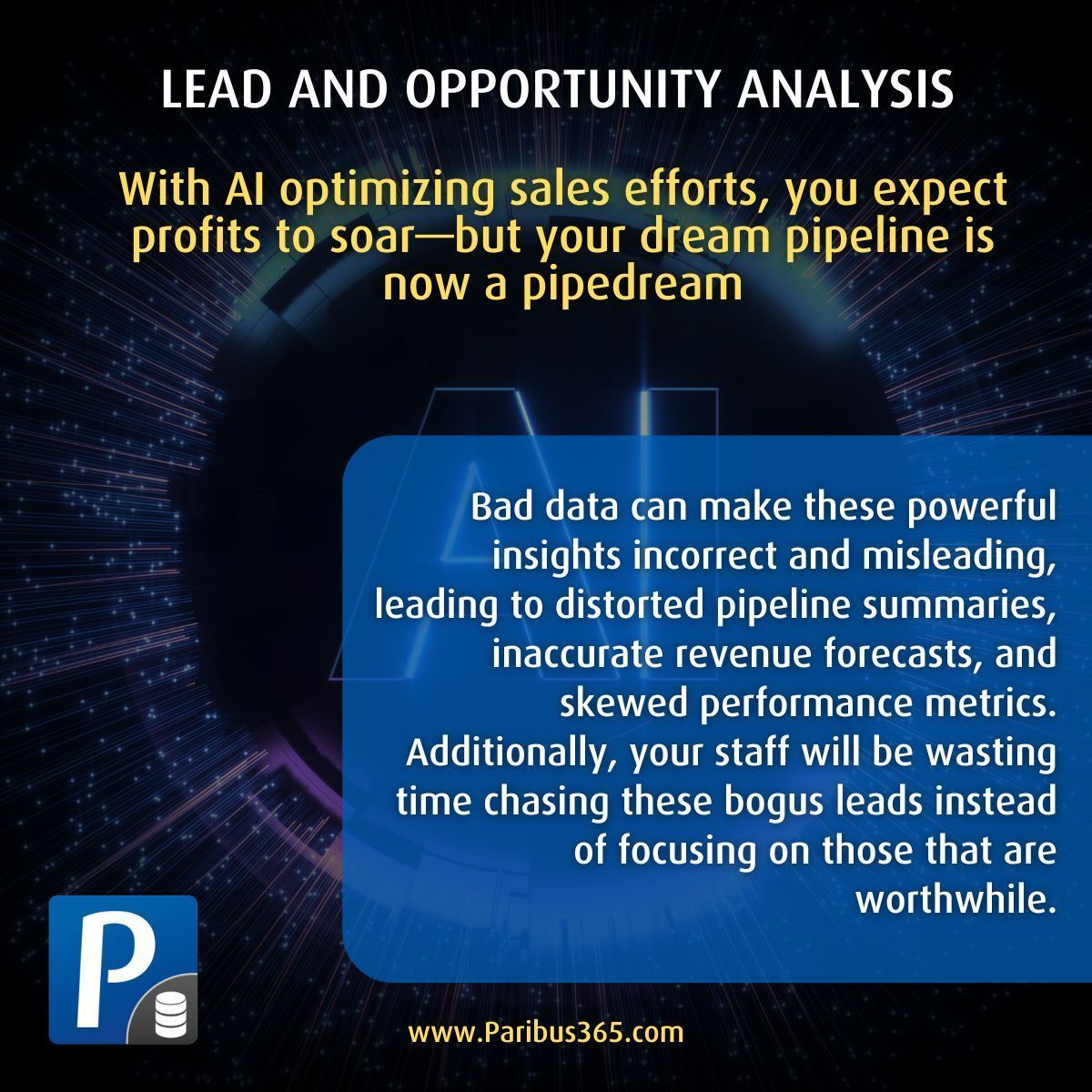 Paribus365's tweet image. Imagine the time your users will save & how much more effective they will be with yr new #AI project in place
The dream can quickly become a nightmare if yr #CRM data is not up to scratch
Read our article on avoiding this common pitfall:   buff.ly/Lcccd1H 
#Dynamics365