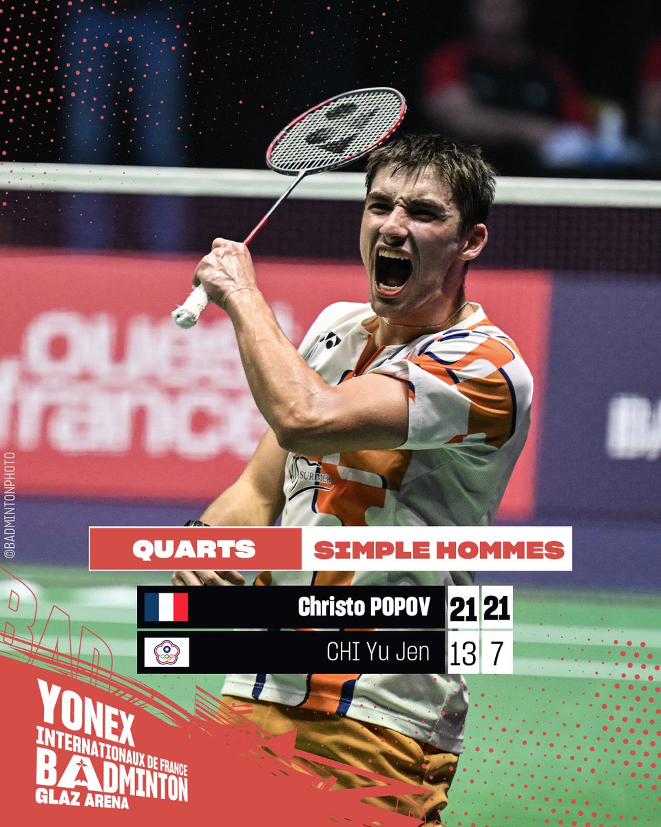 Indomptable <a href="/Popov_Christo/">Popov Christo</a>  (n°8) 🇫🇷 ! 🔥
Le Français a su imposer son jeu et n’a laissé aucune chance à CHI Yu Jen (n°28, Taipei).

Il sera de retour demain à la Glaz Arena pour tenter de monter sur les plus hautes marches du podium.

#YonexIFB #FrenchOpen