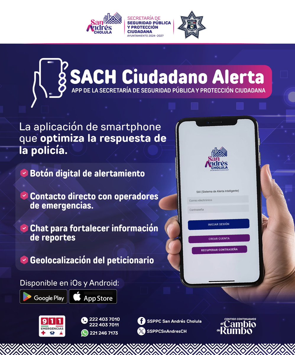 ¿Sabías que en #SanAndrésCholula existe una forma de optimizar lo respuesta de la Policía? 👮🏻👮🏻‍♀️

¡Conoce la Aplicación #SACHCiudadanoAlerta📲 y descárgala! 

#ContigoConstruimosSeguridad🤝🏻