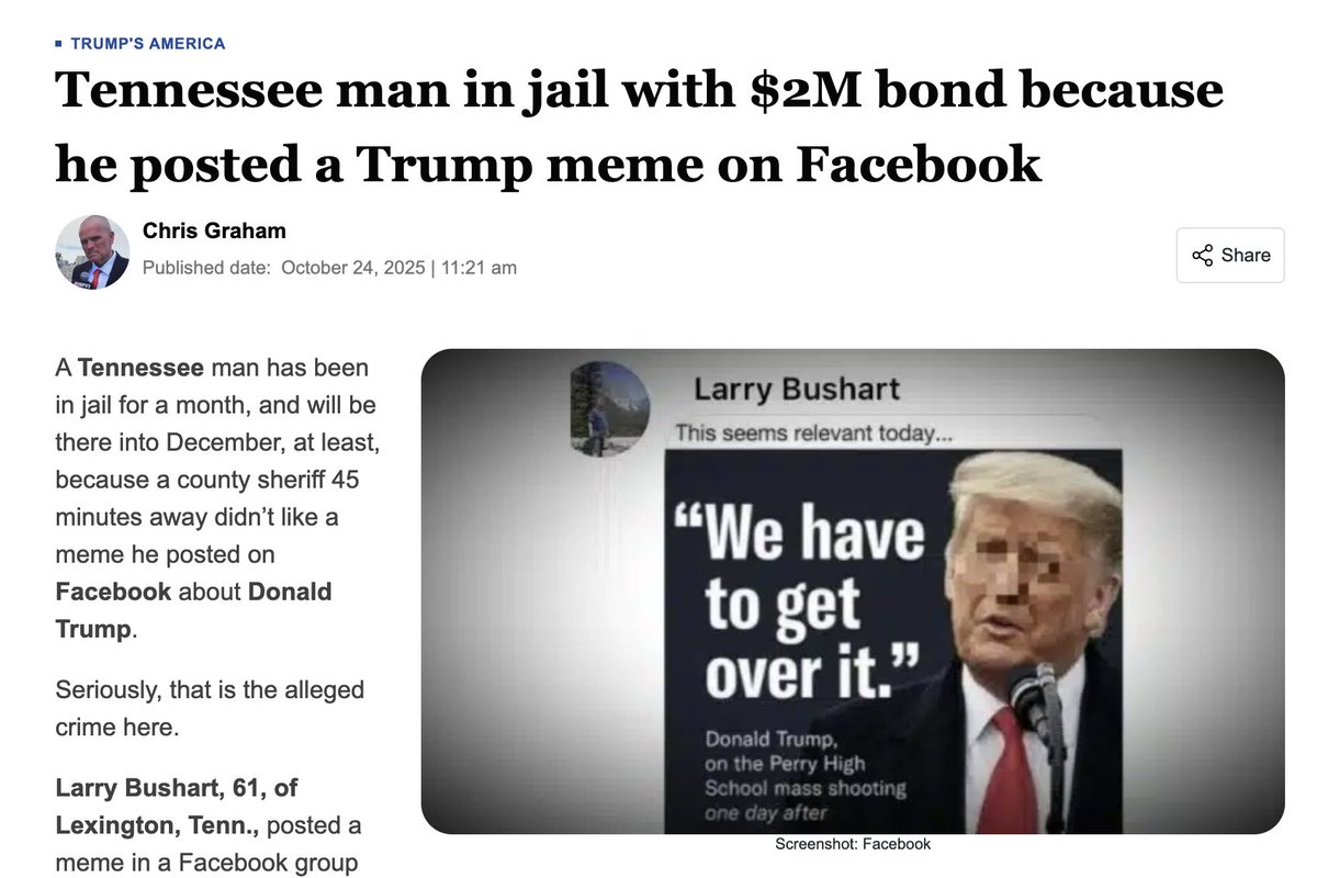 Pretty big news. Huge bond for a man who posted a meme of DJT. augustafreepress.com/news/tennessee…

$Larry Justice for Larry

4CkAfp6NaGncHUyWK1WCc8qHDShUurhLkU5C9PAxpump