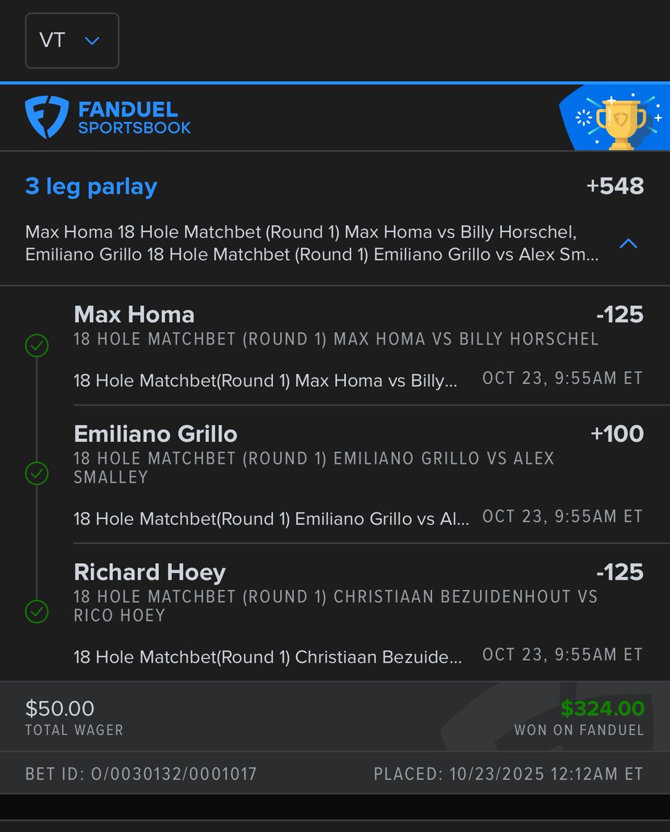 Another <a href="/PGATOUR/">PGA TOUR</a> event and another big win for me and the <a href="/4DeepWins/">4Deep.com</a> crew. Was on fire at the end of the season with matchups and it doesn’t appear I’m slowing down this fall. Reach out to find out how you can make some 💰💰💰.