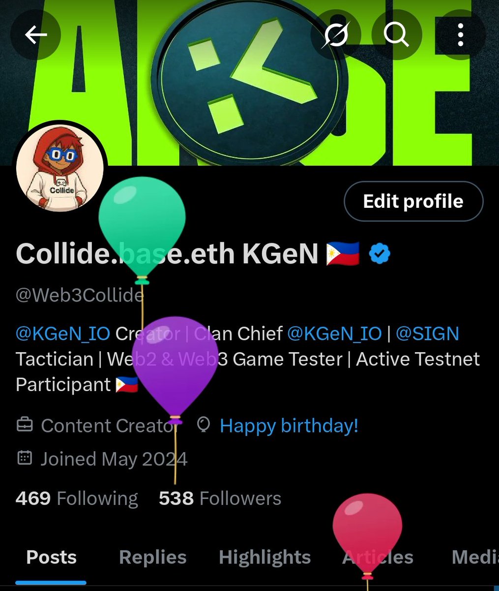 Happy Birthday to a mf Clyde (me)! Started my Web3 journey last August, last year. It's nice to meet genuine people here in space especially when I met <a href="/KGeN_Community/">KGeN Community</a>. Also, I will be forever grateful that <a href="/KGeN_IO/">KGeN 🟩</a> brought out my best version. Here's to another year of me