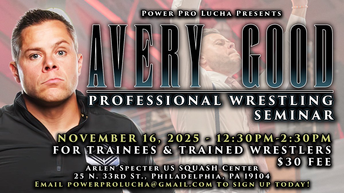 ICYMI! On November 16th refine your craft with Avery Good, one of the most well-rounded minds in pro wrestling today. Whether you’re a rookie or have some experience, this seminar will sharpen your skills and open new doors!

DM or Email powerprolucha@gmail.com to Sign Up!