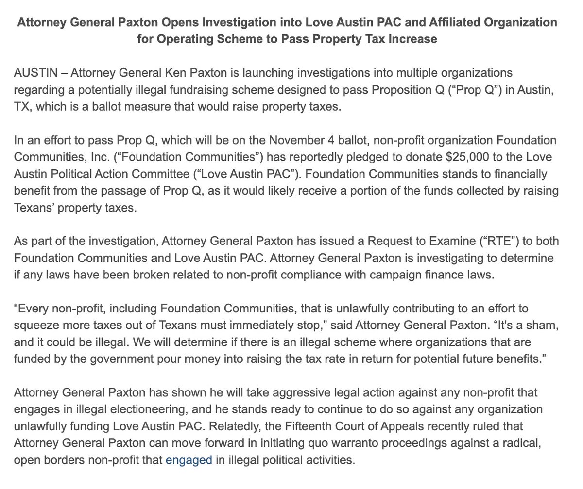 BThompson_CI's tweet photo. AG Paxton is investigating the pro-Proposition Q Love Austin PAC and one of its top donors, nonprofit Foundation Communities: https://t.co/zYBAGaufJG