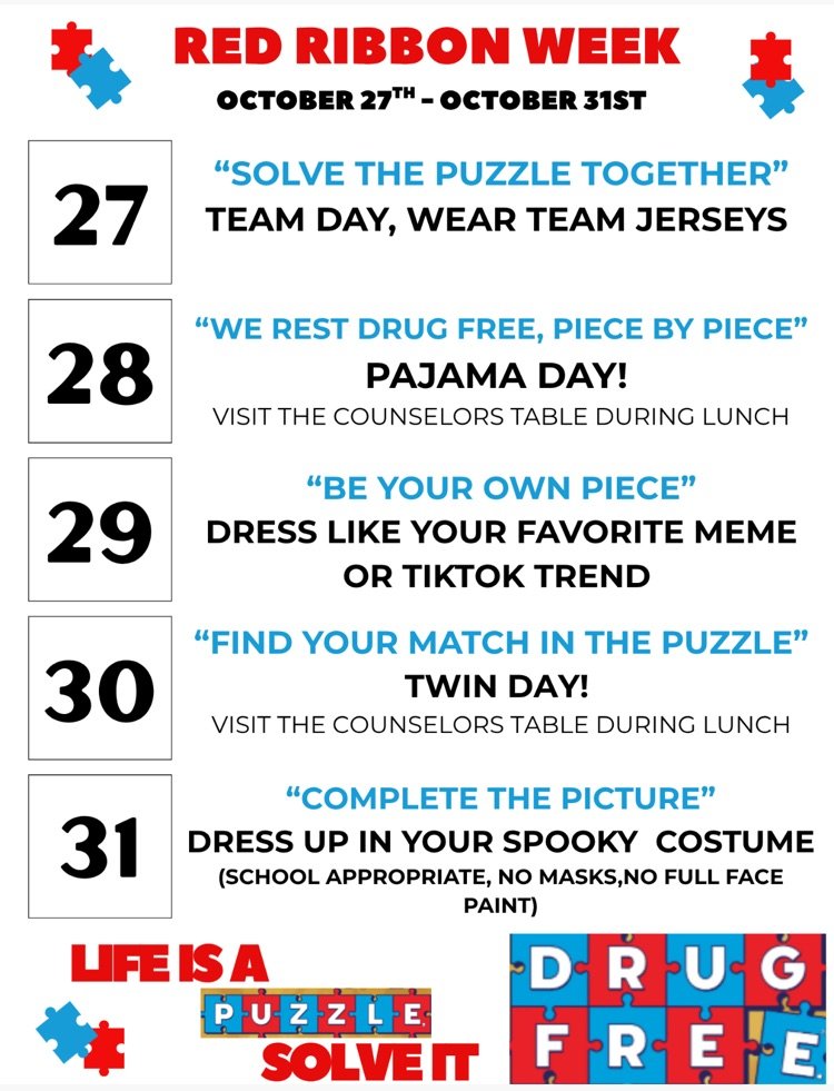 ElsikHighSchool's tweet photo. Elsik Red Ribbon Week | Oct 27β31
Rams stand strong for healthy choices and a bright future. We are too great to let drugs determine our futures! πͺβ€οΈ
#RedRibbonWeek #RamsLeadTheWay https://t.co/je2LKAm66u