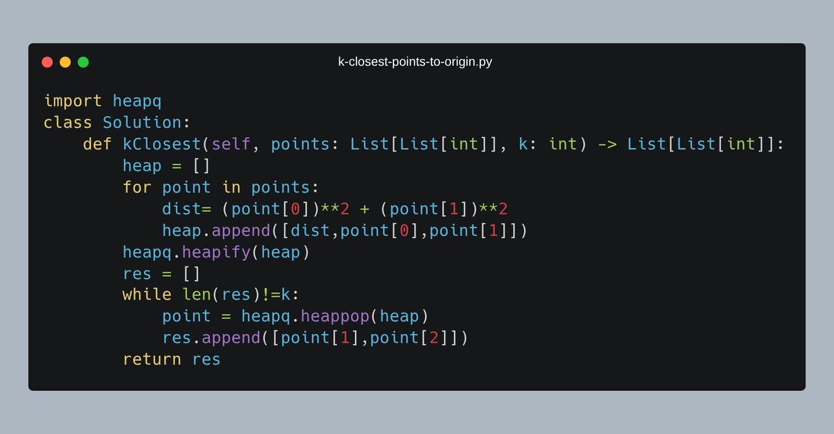 piyushmalik34's tweet image. 🧠 Solved &quot;K Closest Points To Origin&quot;!  
📍 Approach: Build a min-heap with distances, then pop the closest points k times  
💡 Time: O(n log n), Space: O(n) for heap storage — efficient for large datasets! 🚀 #LeetCode #100DaysOfCode