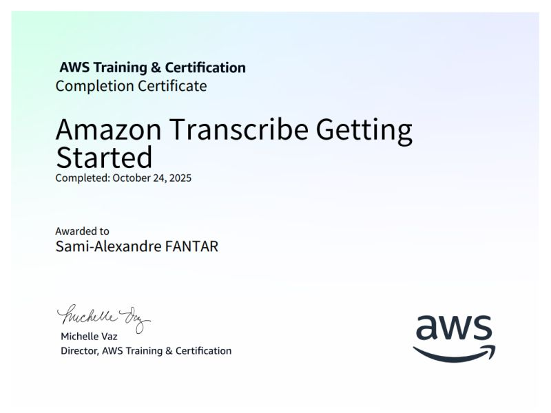 SamiFantar's tweet image. Just completed the course: "Amazon Transcribe Getting Started" from @awscloud.
#AWS #AWSTraining #ContinuousLearning #ProfessionalGrowth