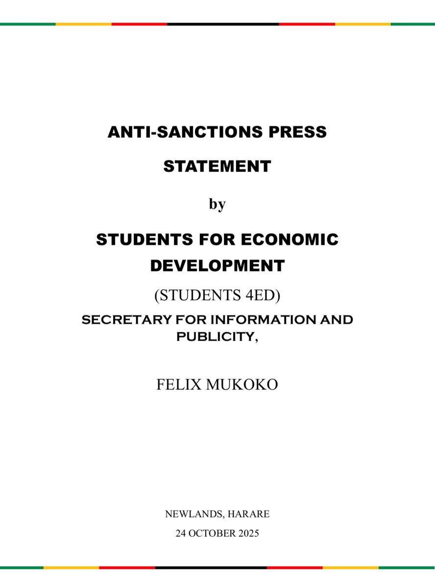 FlexVision5's tweet photo. Students and youths Amplify the Call for the Unconditional removal of sanctions imposed on Zimbabwe❗ Students 4ED National Spokesperson, Felix Mukoko praised @edmnangagwa  for revolutionary policies ā hv seen Zim grow &amp; develop regardless of ē hurdles of sanctions. https://t.co/i6xE75nf58