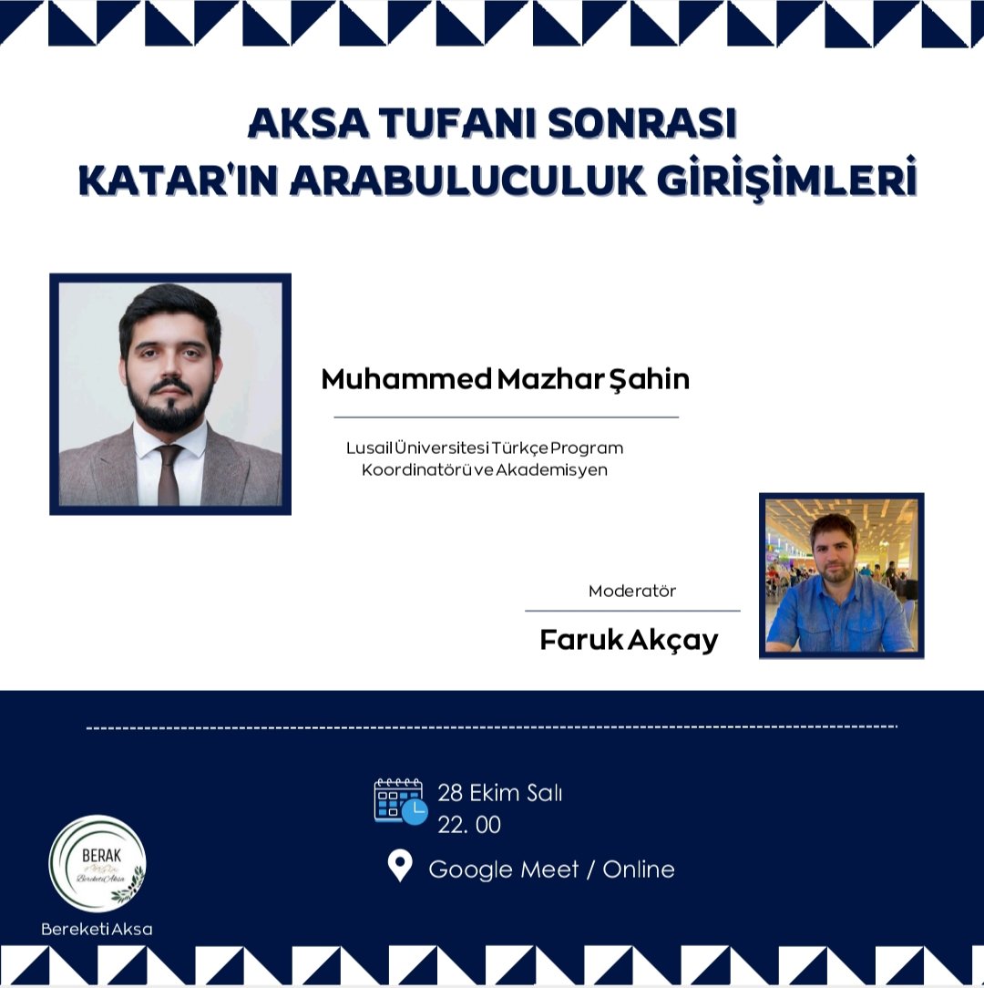 Katar’ın arabuluculuk faaliyetlerinin arka planı, mevcut kriz bağlamındaki rolü ve yürütülen diplomatik girişimlerin bölgesel yansımaları, Lusail Üniversitesi Türkçe Program Koordinatörü M. Mazhar Şahin'in katılımıyla 28 Ekim’de ele alınacaktır.

chat.whatsapp.com/EcA0MLkGCNS8q1…