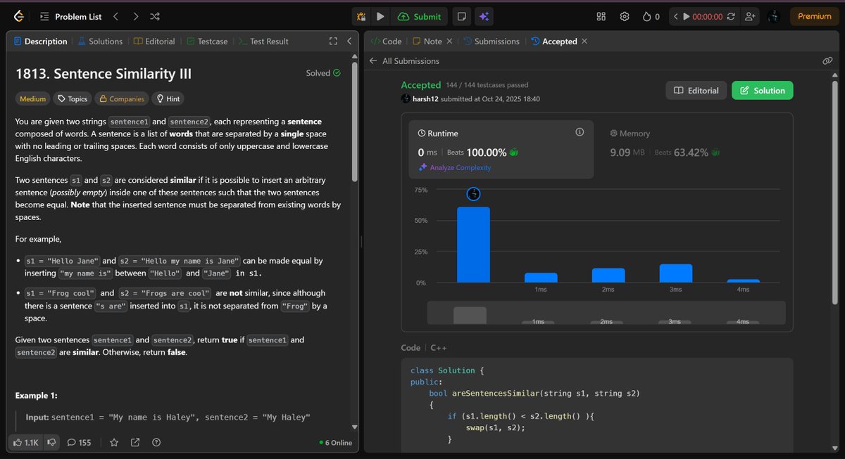 HarshChauh12662's tweet image. Day 172 of #365DaysOfCode
Solved Q1813 today a simple 2 pointer question, yet I couldn’t figure out the logic on my own and had to take some help. Definitely planning to revise it again
#100DaysOfCode #LeetCode #TwoPointers #ProblemSolving #CodingChallenge #DSA #buildinginpublic