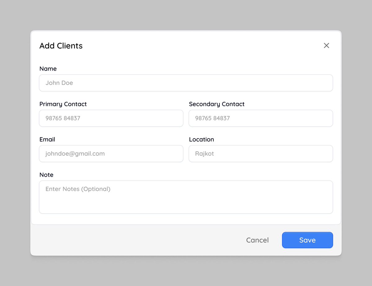 utsav_tankariya's tweet image. Tried a clean and simple client form inspired by @alvishbaldha  Focused on spacing, clarity, and easy flow that feels natural while adding new clients!