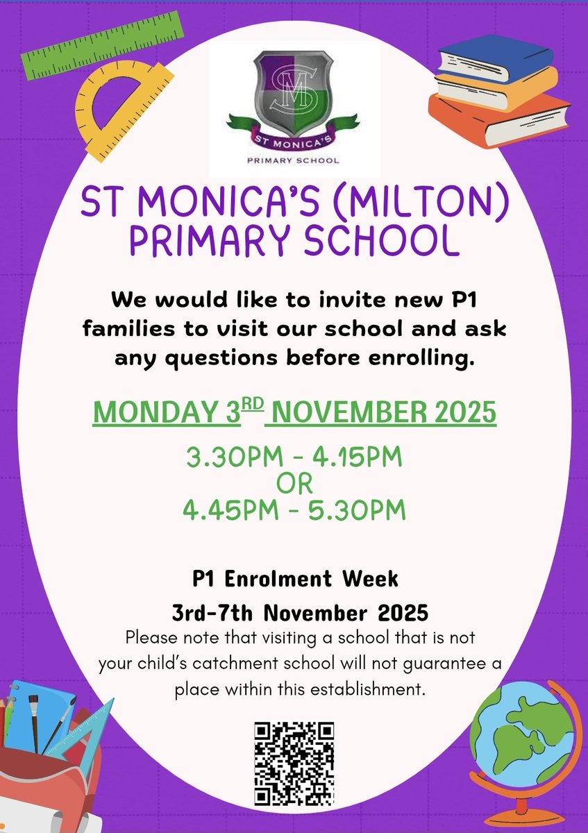 MrsBuckley123's tweet photo. 📢Primary 1 Enrolment Week for August 2026 📢
We warmly invite families to visit our school for a tour and to meet some of our staff on Monday 3rd November. Please see the two time slots available in the poster below. 🏫 @StMonicaMilton
#Earlyyearstransition #workinginpartnership https://t.co/NTGJHhkAOK