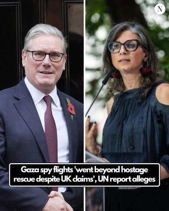 Left side shows a man with gray hair and glasses wearing a dark suit, white shirt, red tie, and red poppy pin, standing with hands clasped. Right side depicts a woman with gray hair, glasses, and large earrings in a dark off-shoulder top holding a microphone at a podium. Text overlay reads Gaza spy flights went beyond hostage rescue despite UK claims, UN report alleges.
