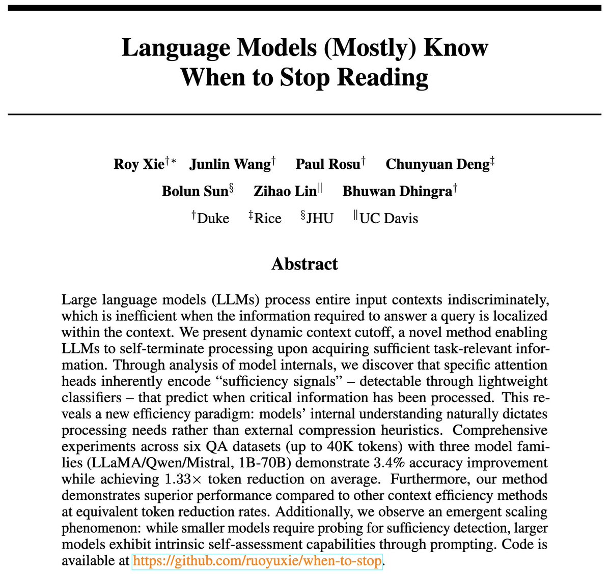 🤔Deepseek-OCR shows the potential of optical context compression for LLMs. But maybe LLMs do not need that much context to begin with!

Check out our recent NeurIPS paper, "Language Models (Mostly) Know When to Stop Reading," which reduces the context needed to answer a query👇