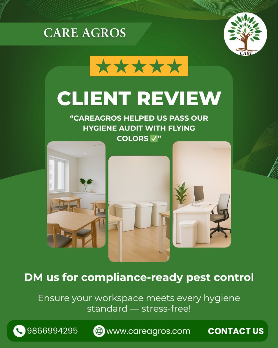 careagros123's tweet image. DM us for compliance-ready pest control 💼
business pest audit support, commercial pest services Hyderabad, pest management testimonial

#ClientLove #CareAgros #PestControlSuccess #BusinessSafety #FacilityCare #EcoFriendlyPestControl #HyderabadOffices #HappyClients