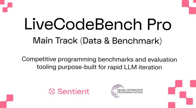 Shuarix's tweet image. LiveCodeBench Pro by @SentientAGI just raised the bar for coding benchmarks  and it’s been accepted to NeurIPS Conference 🎉
LLMs face true competitive programming tests.
Strict time & memory limits, hidden adversarial cases, and deterministic judges  all in one unified Docker…