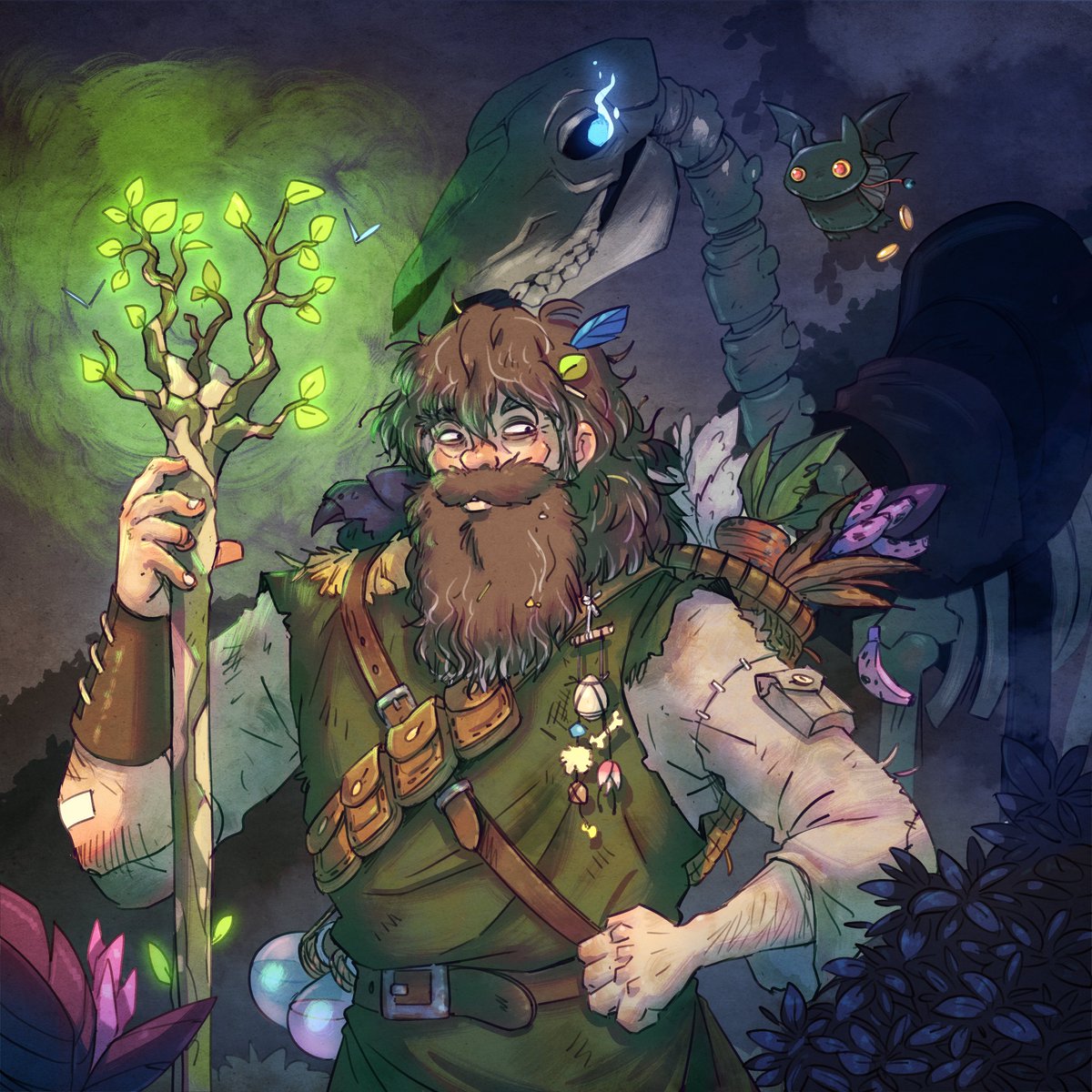 Maliki_officiel's tweet photo. Saviez-vous qu'à mes heures perdues, je suis MJ sur des scénarios maisons de Donjons et Dragons ? Après 3 ans de campagne avec les mêmes joueurs, je me suis dit qu'il était grand temps de dessiner ces héros à la vie déjà riche en aventures. 

Voici Bragon, druide qui fleure "bon" le moisi et les herbes rares, au sens de l'orientation discutable, accompagné de Tornados, son fidèle destrier squelettique et de son corbeau Illdur.