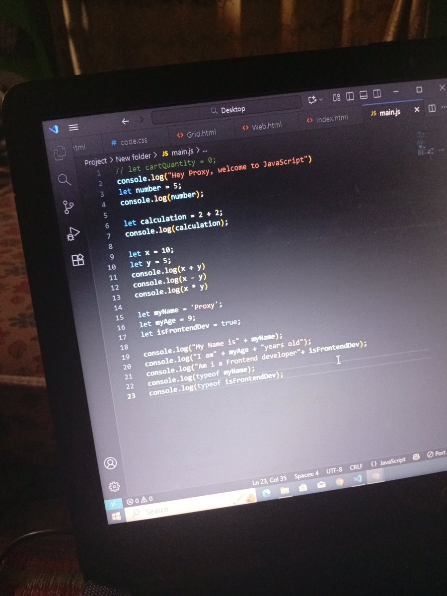 Olamide_hub's tweet image. Day 01 Learning JavaScript 
Learned some JavaScript basics today 💻
Got my hands on variables, data types, operators, and how to use console.log() 🔥
Slowly getting comfortable with it 😌
#JavaScript #BuildInPublic #Webdev