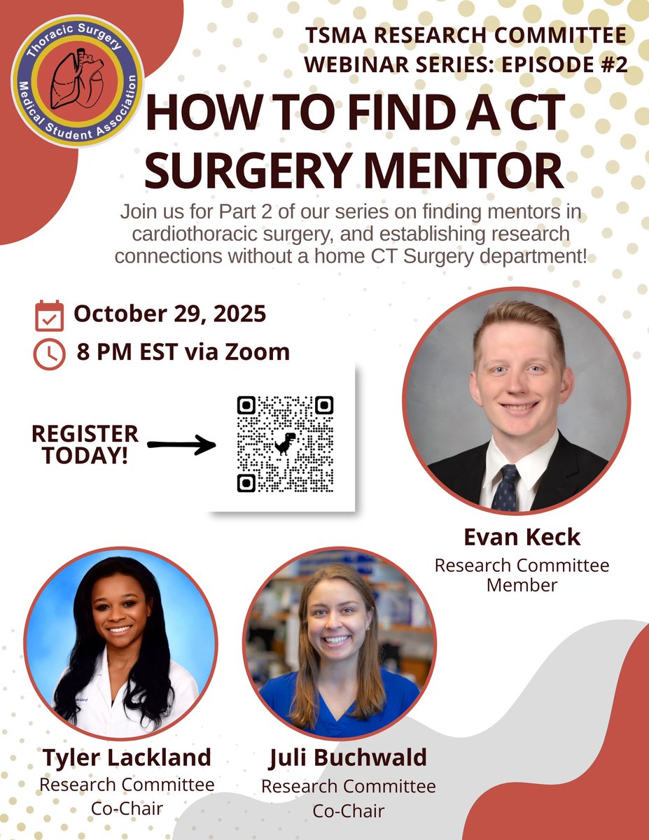 Interested in finding a CT🫀🫁 Surgery Mentor and don’t know where to start? Join the Research Committee on 10/29 at 8PM EST for Part 2 of our webinar series where we will discuss this and more! See you there!