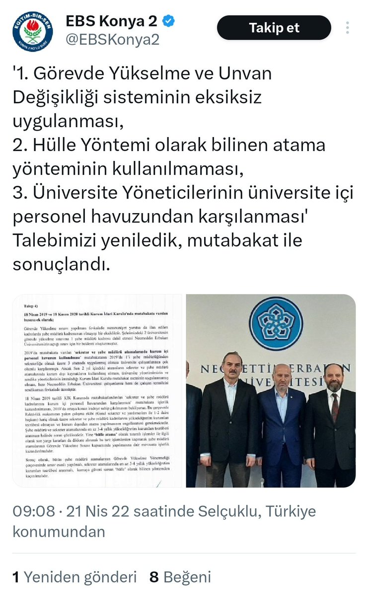 Üniversite dışından yönetici atanmamasına ve hülle atamalara son verilmesine yönelik paylaşım yapan sendika, Necmettin Erbakan Üniversitesinde Sayıştay raporları doğrultusunda hülle ile yapılan atamaların iptaline karşı davaya gideceğini açıklamış! 
Bu ne pehriz, bu ne lahana