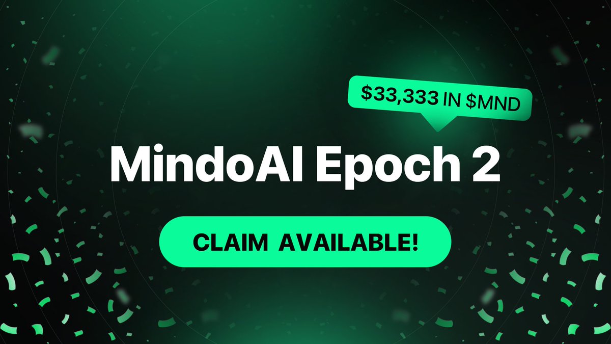 MindoAI's tweet image. MindoAI Epoch 2 is finished - rewards are LIVE!
$33,333 in $MND up for grabs for the top 100 Minders who led the way in Epoch 2
🗓 Claim before Nov 1, 2025: mindoshare.ai/social-card
Epoch 3 is already open! 
Start writing - luck might be on your side 🍀
