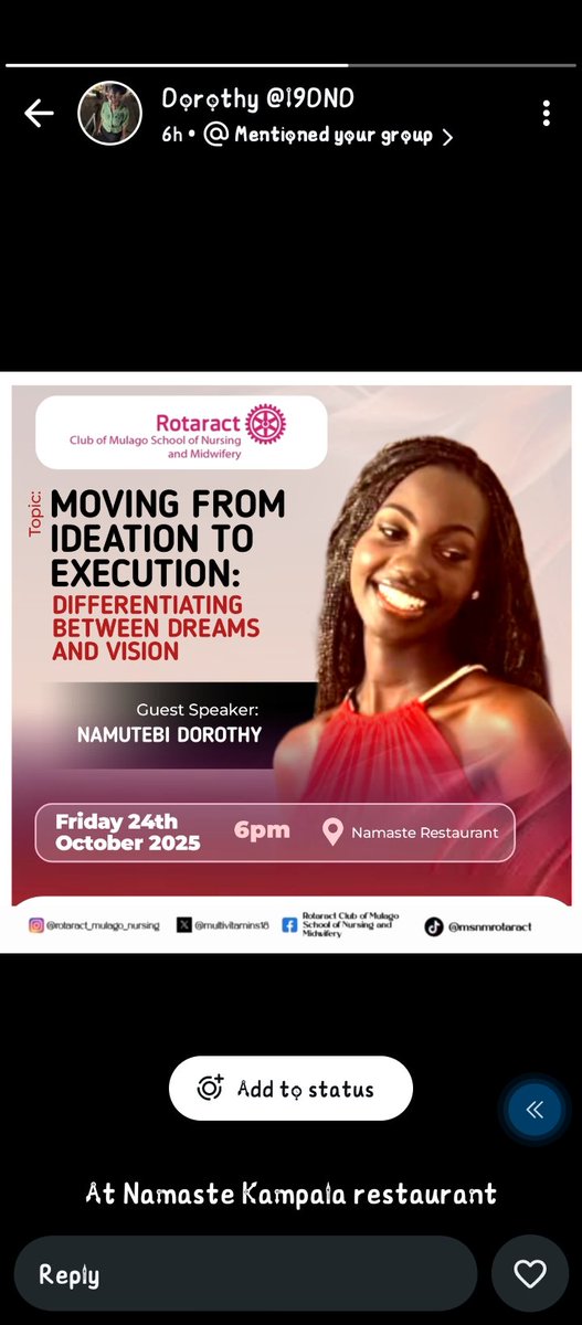 🚀 This Friday, We’re Turning Dreams Into ACTION! 💭✨

Brace yourself for a power-packed Rotaract Fellowship you don’t want to miss! 💪
We’re diving deep into 
🎯 “Moving from Ideation to Execution: Differentiating Between Dreams and Vision”

💫 Guest Speaker: Namutebi Dorothy.