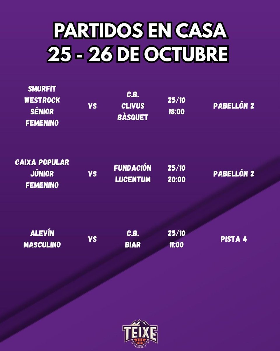 📍 PARTIDOS EN CASA  

📅 Sábado 25/10  

<a href="/smurfitkappa/">Smurfit Westrock</a>  SÉNIOR FEMENINO 🆚 C.B. Clivus Bàsquet ⏰ 18:00 | 📍Pabellón 2 

<a href="/caixapopular/">Caixa Popular</a> JÚNIOR FEMENINO 🆚 Fundación Lucentum ⏰ 20:00 | 📍Pabellón 2  

ALEVÍN MASCULINO 🆚 C.B. Biar ⏰ 11:00 | 📍Pista 4