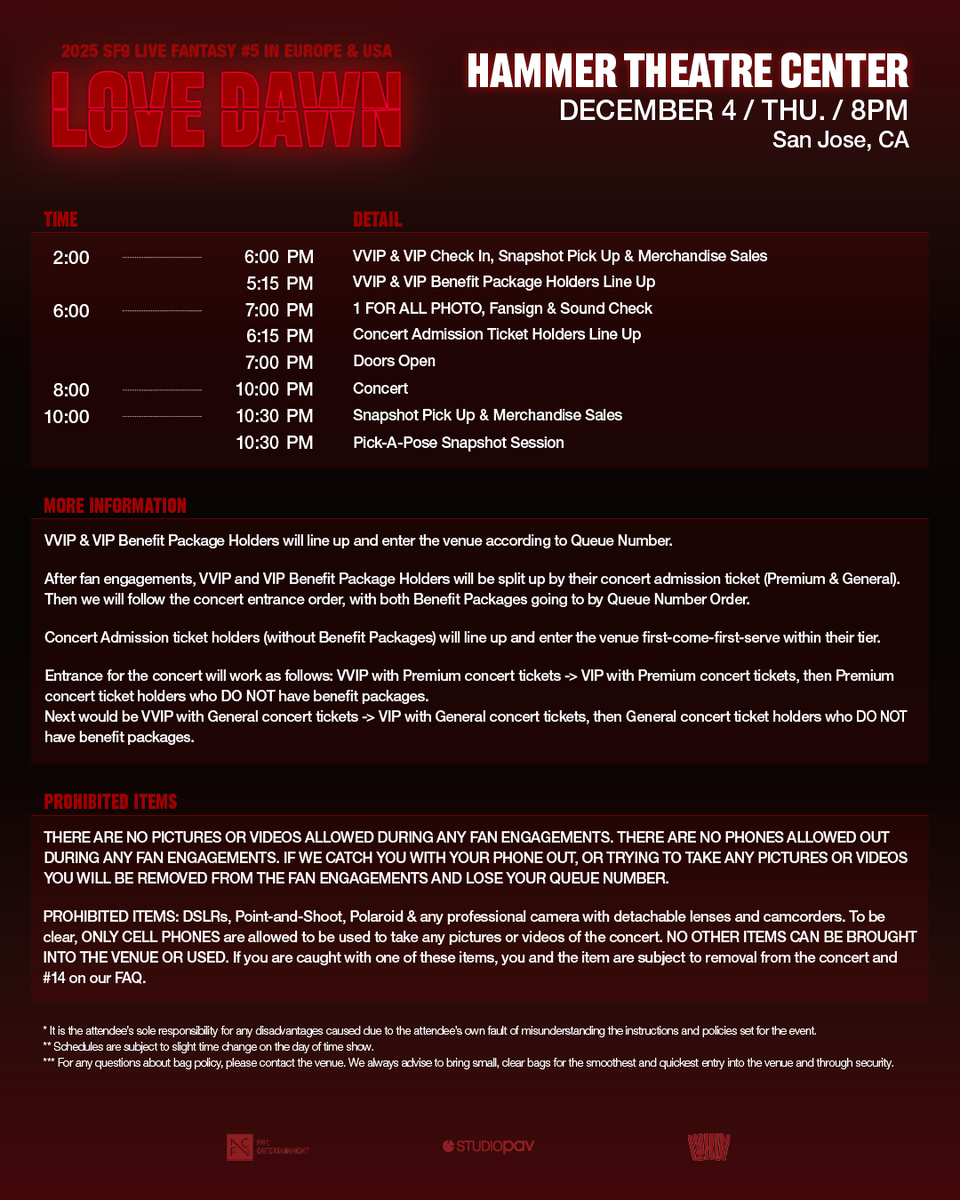 studio_pav's tweet photo. #FANTASY, please check your concert day schedules for ❤️2025 SF9 LIVE FANTASY #5 LOVE DAWN IN USA ❤️ in Portland, San Jose & Los Angeles!

‼️Please save the image for your city and read everything through including entry for the concert‼️

Merchandise sales will begin when Check In begins 🛍️

If you cannot find your Benefit Package or Snapshot Ticket(s) a staff member will help you on the day of the show. If you're a Benefit Package Holder, make sure to get a colored wristband during Check-In! 🎟️

⚠️BENEFIT PACKAGES DO NOT INCLUDE CONCERT ADMISSION⚠️

#SF9 #에스에프나인 #SF9inUSA