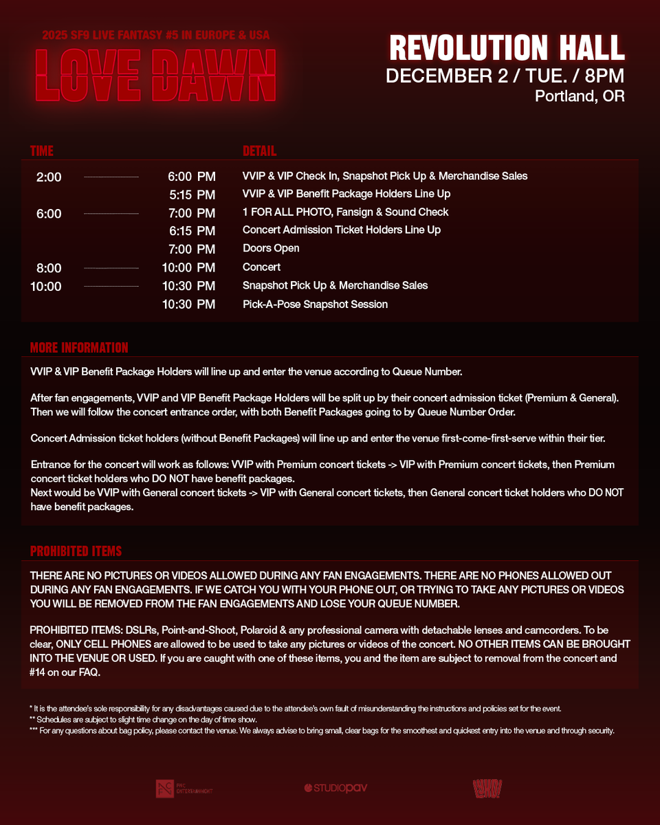 studio_pav's tweet photo. #FANTASY, please check your concert day schedules for ❤️2025 SF9 LIVE FANTASY #5 LOVE DAWN IN USA ❤️ in Portland, San Jose & Los Angeles!

‼️Please save the image for your city and read everything through including entry for the concert‼️

Merchandise sales will begin when Check In begins 🛍️

If you cannot find your Benefit Package or Snapshot Ticket(s) a staff member will help you on the day of the show. If you're a Benefit Package Holder, make sure to get a colored wristband during Check-In! 🎟️

⚠️BENEFIT PACKAGES DO NOT INCLUDE CONCERT ADMISSION⚠️

#SF9 #에스에프나인 #SF9inUSA