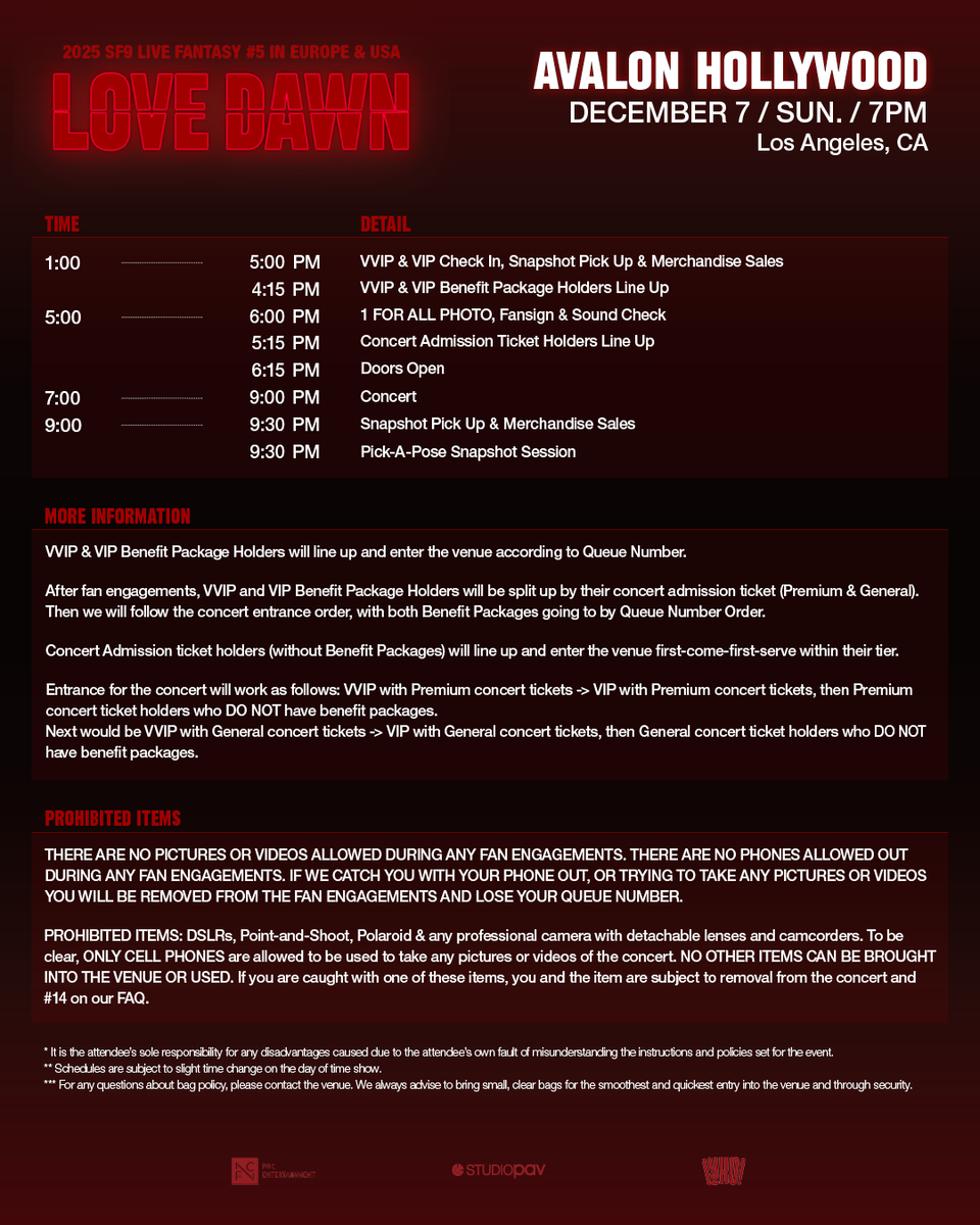 studio_pav's tweet photo. #FANTASY, please check your concert day schedules for ❤️2025 SF9 LIVE FANTASY #5 LOVE DAWN IN USA ❤️ in Portland, San Jose & Los Angeles!

‼️Please save the image for your city and read everything through including entry for the concert‼️

Merchandise sales will begin when Check In begins 🛍️

If you cannot find your Benefit Package or Snapshot Ticket(s) a staff member will help you on the day of the show. If you're a Benefit Package Holder, make sure to get a colored wristband during Check-In! 🎟️

⚠️BENEFIT PACKAGES DO NOT INCLUDE CONCERT ADMISSION⚠️

#SF9 #에스에프나인 #SF9inUSA