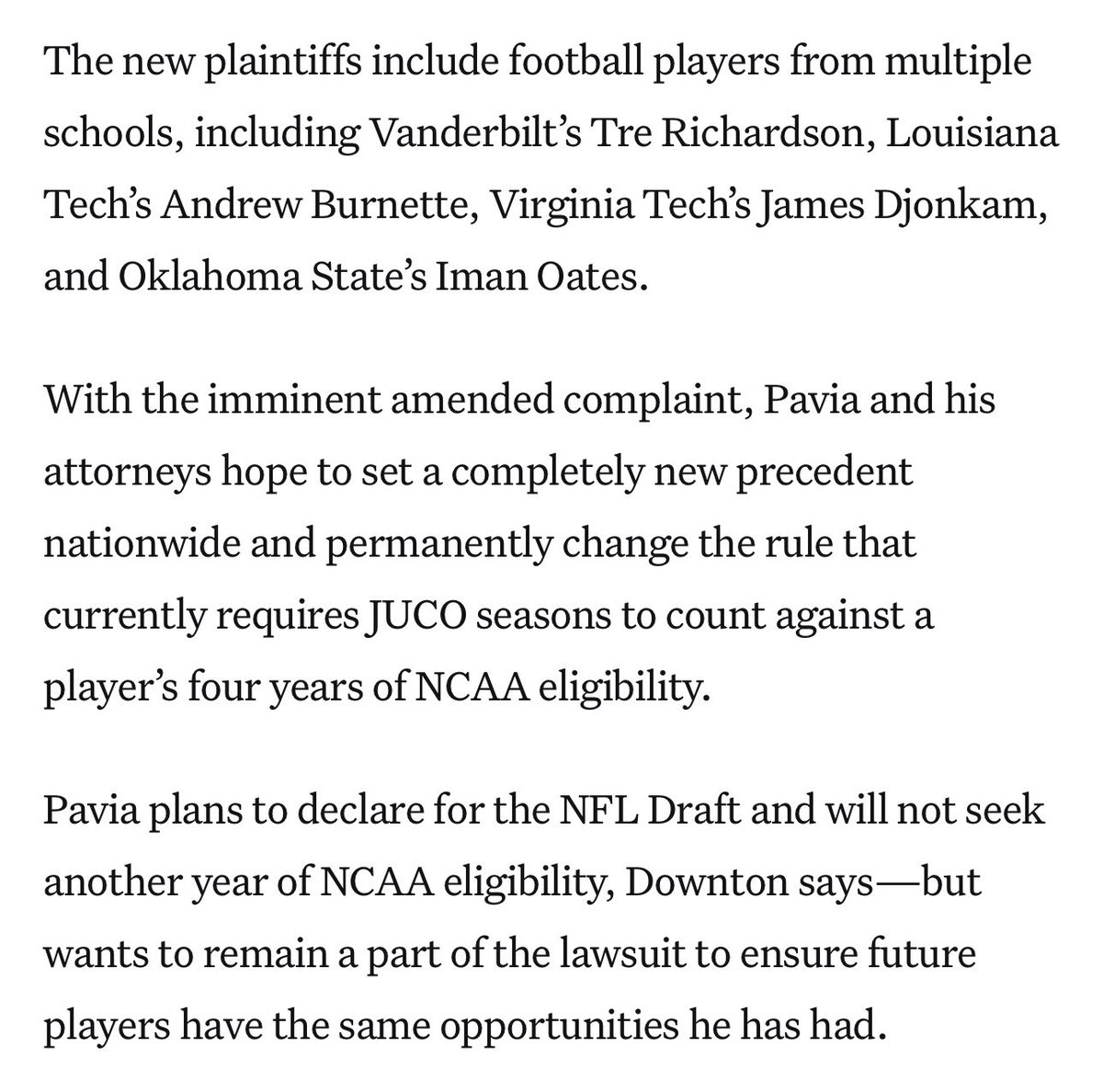 Big news in Diego Pavia’s lawsuit against the NCAA.

It’s being converted to a potential class action, with the goal of permanently eliminating the NCAA rule that counts JUCO seasons as a season of DI competition.