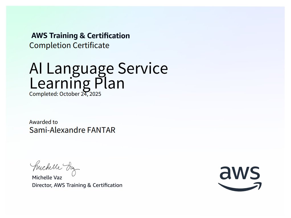 SamiFantar's tweet image. Just completed the learning plan: "AI Language Service Learning Plan" from @awscloud.
#AWS #AWSTraining #ContinuousLearning #ProfessionalGrowth
