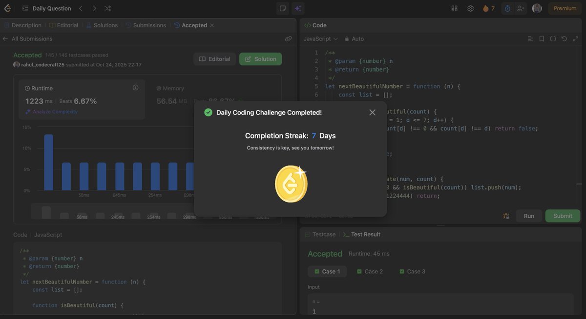 rahuls25398's tweet image. Day 96/100 of #100DaysOfCode

🧩 LeetCode POTD: Next Greater Numerically Balanced Number — looks easy till it fries your brain 😂
🍃 Also dove into MongoDB — learning about collections, queries, and indexes.

4 days left! Every day of code is a step closer to mastery 🔥
#DSA