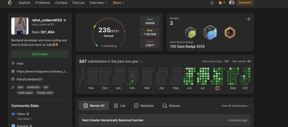 rahuls25398's tweet image. Day 96/100 of #100DaysOfCode

🧩 LeetCode POTD: Next Greater Numerically Balanced Number — looks easy till it fries your brain 😂
🍃 Also dove into MongoDB — learning about collections, queries, and indexes.

4 days left! Every day of code is a step closer to mastery 🔥
#DSA