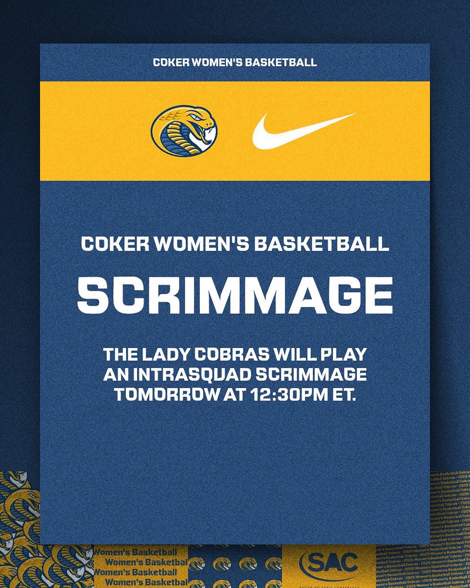 🐍 It’s Cobra vs. Cobra! 🏀
Join us tomorrow at 12:30 PM ET for our Intrasquad Scrimmage in the DeLoach Center! 💙💛

First look at the 2025 Cobras in action… let’s get it! 🔥

#CokerWBB | #CobraNation | #GoCobras