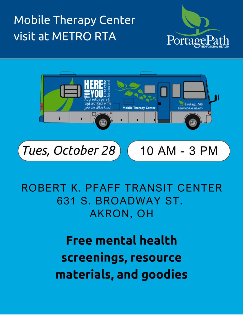 Our Mobile Therapy Center  will be parked at METRO RTA's Destination: Celebration Community Fair on Tuesday, October 28th! We will be sharing resources and free mental health screenings to connect to support. We hope to see you there!