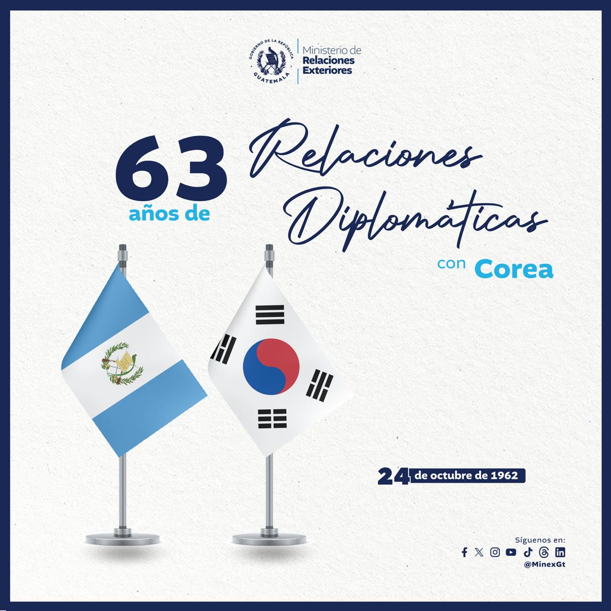 MinexGt's tweet image. 🇬🇹🤝🇰🇷 | Hoy se celebran 63 años de relaciones diplomáticas con #Corea. Guatemala reafirma el compromiso por estrechar aún más los vínculos de amistad y cooperación. 
#RelacionesConElMundo

@MOFAkr_eng