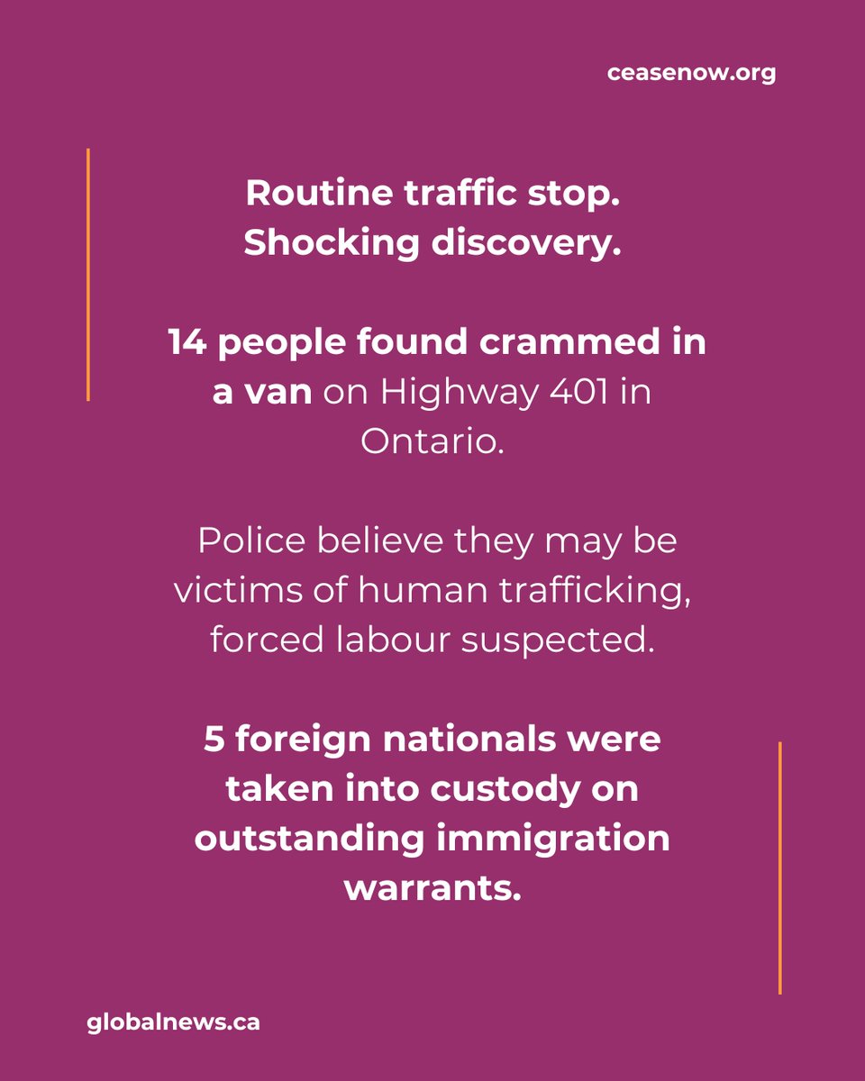 ceasenow's tweet image. 14 People Found Crammed in a Van in Ontario - Police believe they were victims of labour trafficking.
5 suspects who are foreign nationals were taken into custody.

#EndExploitation #HumanTraffickingAwareness #CEASE