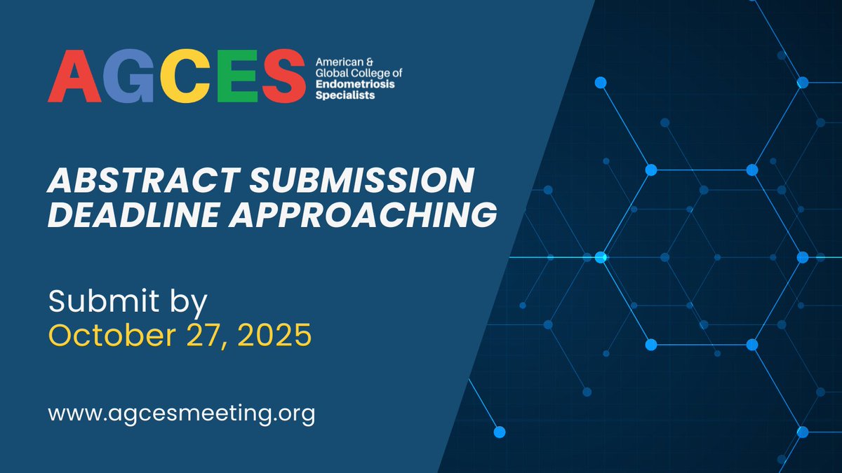 Last call to submit your abstract for #AGCES2026!

🗓️ Deadline: October 27, 2025
🔗 agcesmeeting.org

#Endometriosis 
#EndometriosisResearch
#WomensHealth
