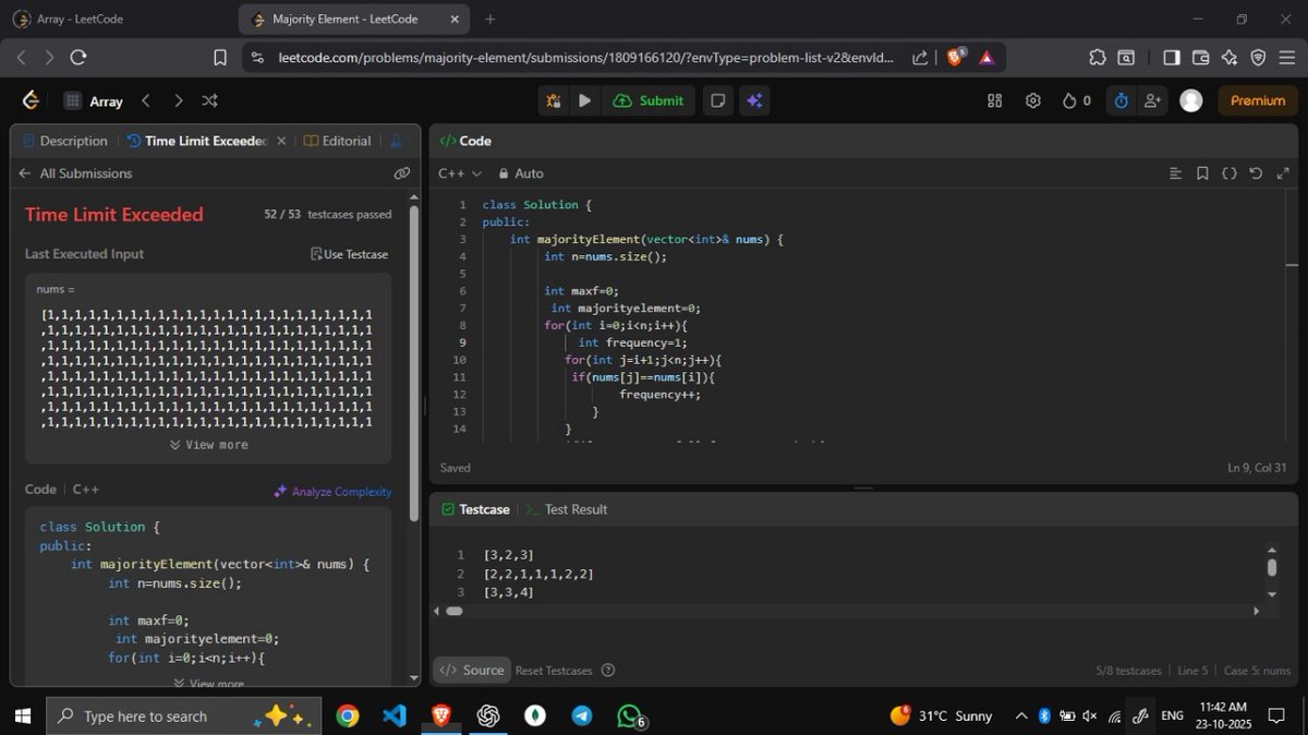 x1developer09's tweet image. Day 7& 8 
Dsa : solved 2 question 
1.Binary Search  ✅
2.Majority Element ✅
Brute force approach failed one case 
Learned about Moore's Voting algorithm  
Dev : started a new project today 😎☺
#DSA #LeetCode #LearnInPublic