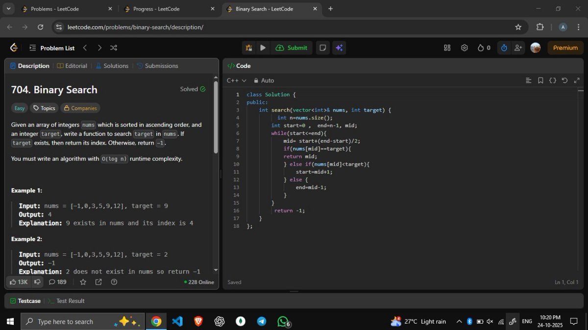 x1developer09's tweet image. Day 7& 8 
Dsa : solved 2 question 
1.Binary Search  ✅
2.Majority Element ✅
Brute force approach failed one case 
Learned about Moore's Voting algorithm  
Dev : started a new project today 😎☺
#DSA #LeetCode #LearnInPublic