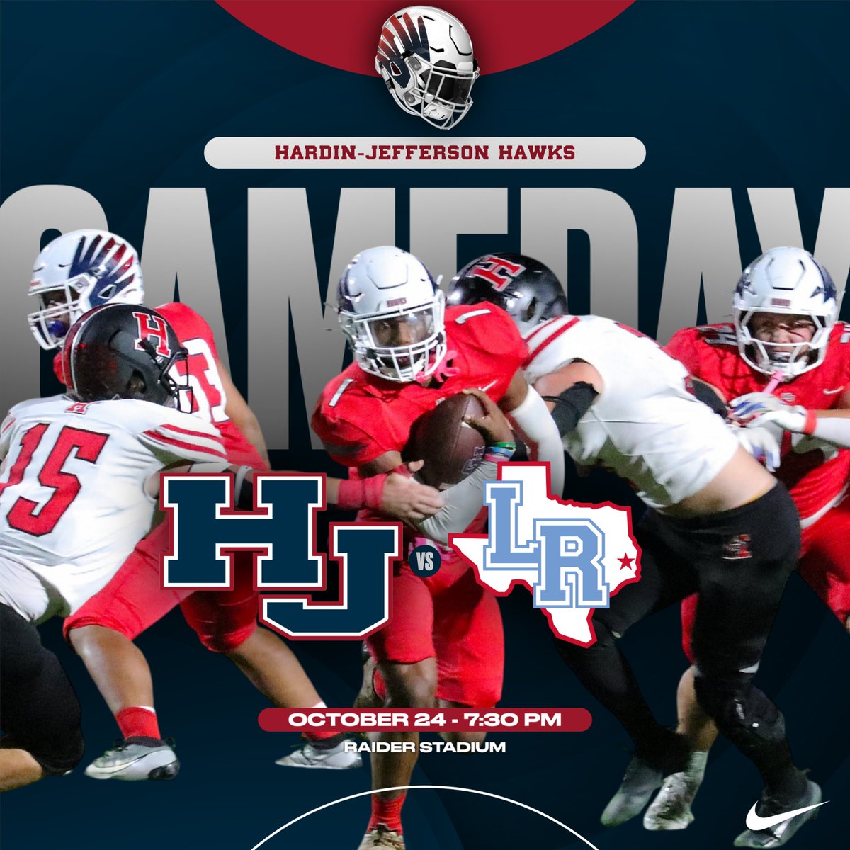 The Hawks head to Lumberton tonight for a big matchup with the Raiders #WeFlyTogether 

🏈: at Lumberton
📍: Raider Stadium 
⌚️: 7:30 pm 
🎟️: secure.payk12.com/school/lumbert…